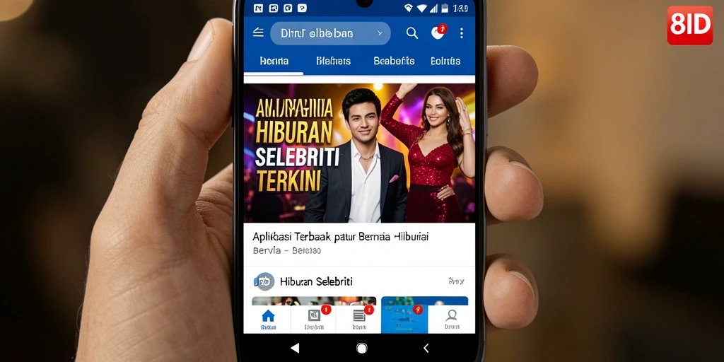 Antarmuka aplikasi 8ID menampilkan berita hiburan selebriti terkini.