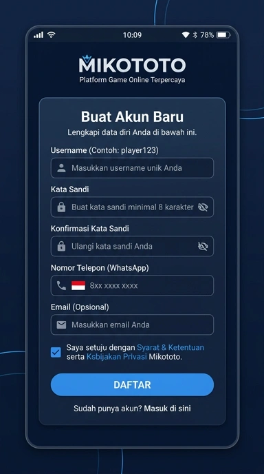 Registrasi Mudah Akun Baru mikototo untuk Pengguna Android